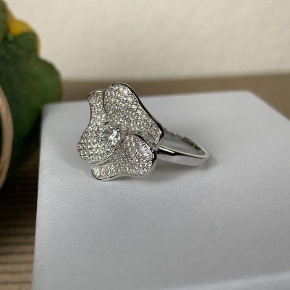 NEW Size 8 Real Silver (not plated) & Pave CZ Flower Ring - Picture 9 of 11